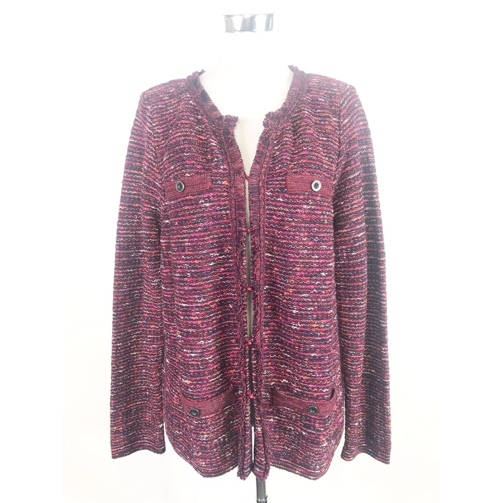 J Jill Sweater Womens Large Red Burgundy Striped Cardigan Fringe Knit Jacket Art